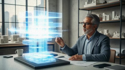 Innovative architect with limited hand mobility uses voice to design holographic building model effortlessly - Powered by Adobe