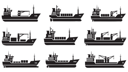 Obraz premium Set of various cargo ships and freighters silhouettes for transportation and shipping themes
