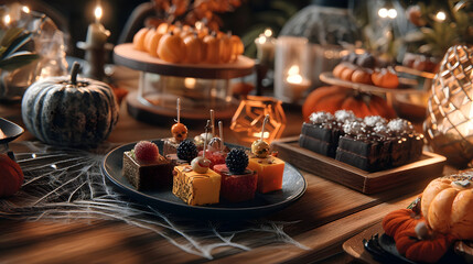 Halloween Festive Feast: A meticulously curated arrangement of delightful treats and festive decorations, perfect for an autumn Halloween celebration, creating a tempting and enchanting ambiance.