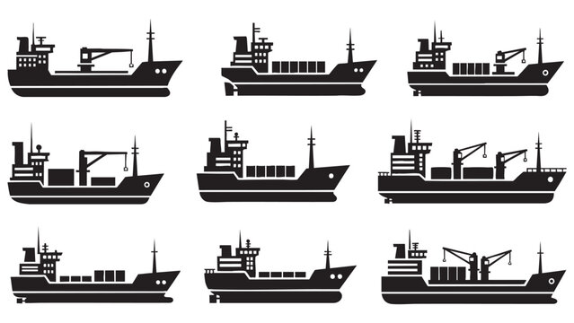 Set of various cargo ships and freighters silhouettes for transportation and shipping themes
