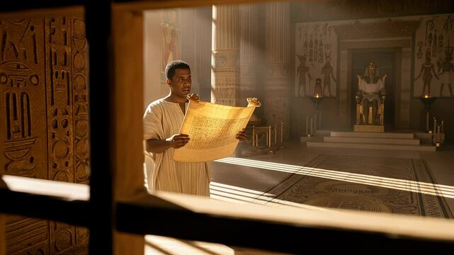 Royal scribe reads scroll to Pharaoh in ancient Egyptian palace at sunset.