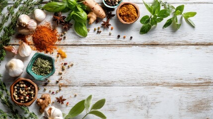 A top view of assorted herbs and spices arranged on a rustic wooden surface. Includes basil, thyme, ginger, garlic, and more, creating a natural culinary atmosphere perfect for cooking inspiration.