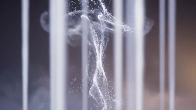 Spiral stream of white particles between vertical light beams, soft fog background, Echoes of Light abstract energy scene with copy space