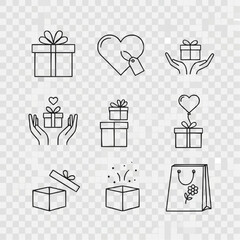 Gift icons collection with hands, hearts, and various presents  
