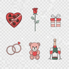 Valentine&rsquo;s Day icons including chocolates, rose, and champagne  