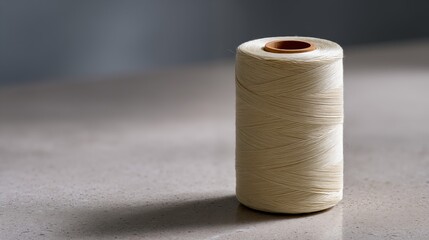 Beige sewing thread cone on textured tabletop with soft studio light