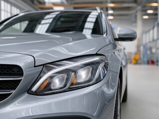 Fototapeta premium Sleek silver car with modern design features, showcasing detailed headlights and smooth curves, set in a well-lit automotive workshop environment with clean lines