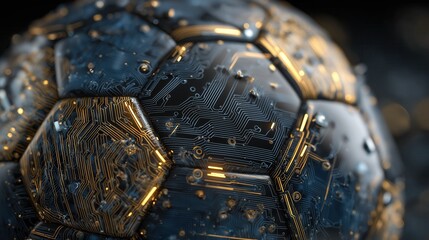 Conceptual Close-up of a Digital Soccer Ball with Glowing Golden Circuitry and Microchips Representing High-Tech Sports Analytics and Future of Football