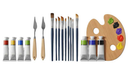 Art Tools Set Paintbrushes Palette Knife Blank Paint Tubes Mixing Palette Isolated on Transparent Background PNG