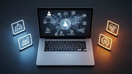 A laptop with a glowing screen displaying various digital icons and symbols