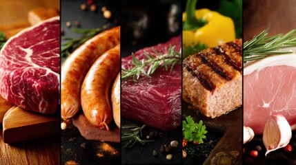 Different types of meat are displayed in a row on wooden and dark surfaces. Sausages steaks and ground meat are among the selections decorated with herbs and spices.