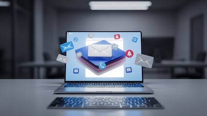 A laptop on a desk displays an email inbox with various notifications floating around it