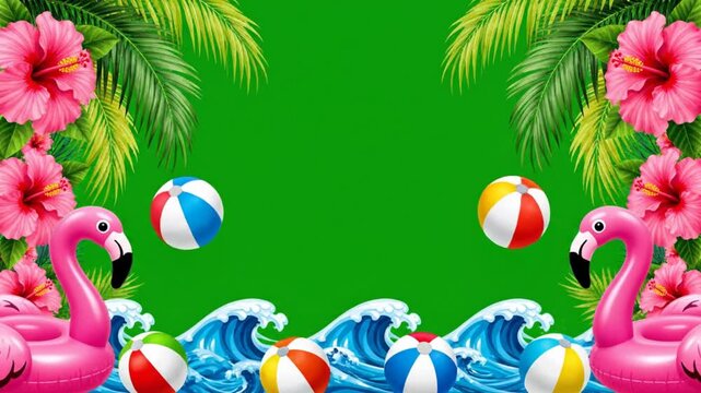 Summer tropical beach green screen frame with pink flamingo and hibiscus flower