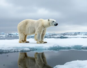 A lone polar bear standing on a shrinking piece of sea ice in the immense Arctic landscape, overcast grey sky, melancholic atmosphere, reflection in the water, high detail, symbolizing climate change 