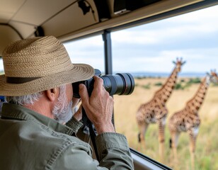 A diverse group of eco-tourists in a safari vehicle quietly observing giraffes in the wild, using cameras with telephoto lenses, respectful distance, warm afternoon light, authentic travel photography