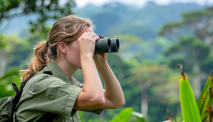A dedicated wildlife ranger in green uniform holding binoculars, looking out over a vast protected reserve, authentic serious expression, lush forest background, documentary style photography, concept