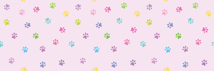 Banner with cute Colorful cat paws, Seamless Pattern Background