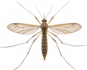 Delicate and intricately detailed crane fly with translucent, veined wings and a slender, segmented body, is presented in a dorsal view with outstretched legs, isolated on transparent background.