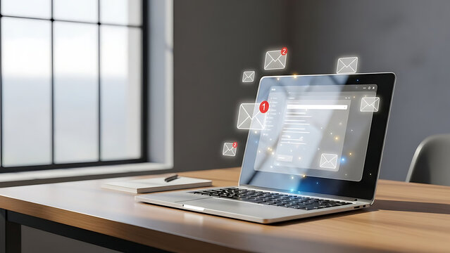 A laptop computer on a wooden desk with email icons floating above the screen