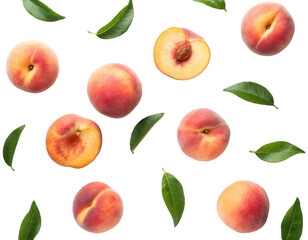 Vibrant, fresh, and slightly fuzzy peaches and their accompanying glossy green leaves are artfully arranged in a floating composition against a , showcasing, isolated on transparent background.