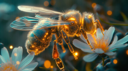 Conceptual Macro Shot of a Cybernetic Bionic Bee with Microchips and Glowing Digital Codes Pollinating a Flower Symbolizing AI in Nature and Bio-Technology