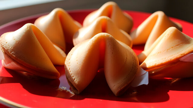 Array of Tasty Fortune Cookies on a Red Plate Ready to Deliver a Lucky Prediction