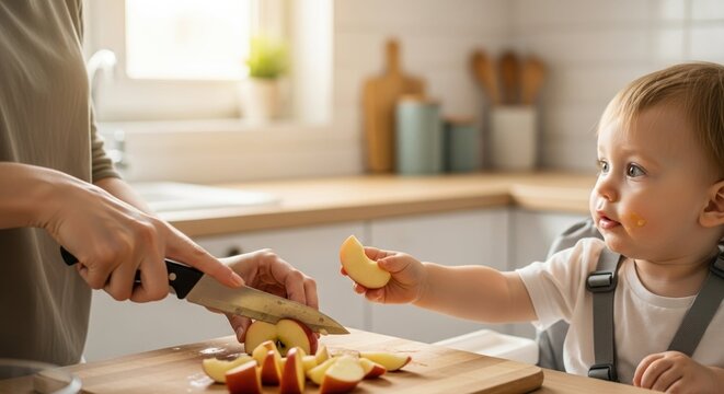 Toddler eagerly reaching for a slice of apple from a parent's hand in a bright kitchen, bonding over a healthy snack