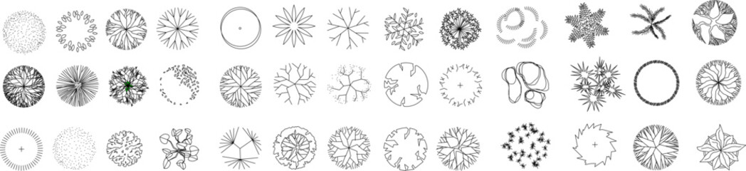 Large vector set of minimalist landscape symbols. Features black and white line art of various trees and plants in top view for site plan mapping.