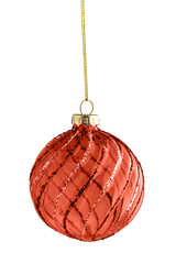 shiny Christmas tree ball on a gold thread, Christmas decoration, isolated on a white background