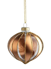 shiny Christmas tree ball on a gold thread, Christmas decoration, isolated on a white background