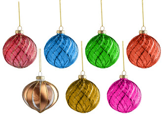 shiny Christmas tree ball on a gold thread, Christmas decoration, isolated on a white background