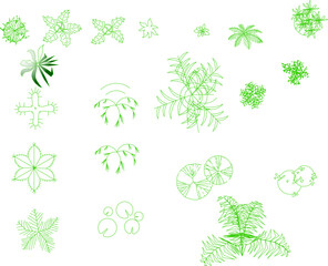 Vector set of green landscape architecture symbols. Minimalist top-view line art of various trees, ferns, and water plants for site plan mapping.