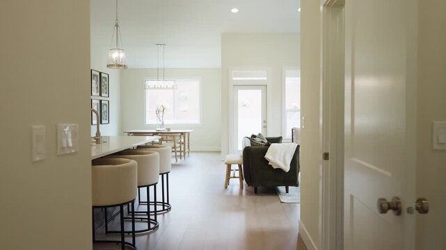 Cinematic open-plan home interior, slow pan walkthrough, real estate