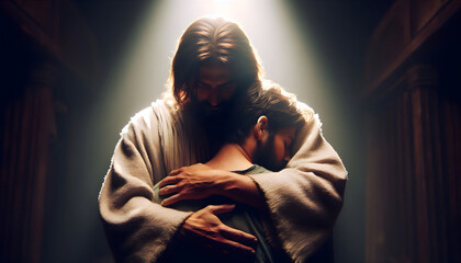 Jesus hugging young man