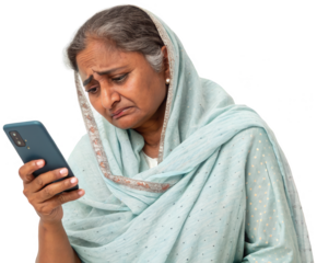 Concerned elderly Indian woman with silver hair and wrinkled skin, draped in a light blue patterned shawl, intently focused on a modern smartphone with a glossy, isolated on transparent background.