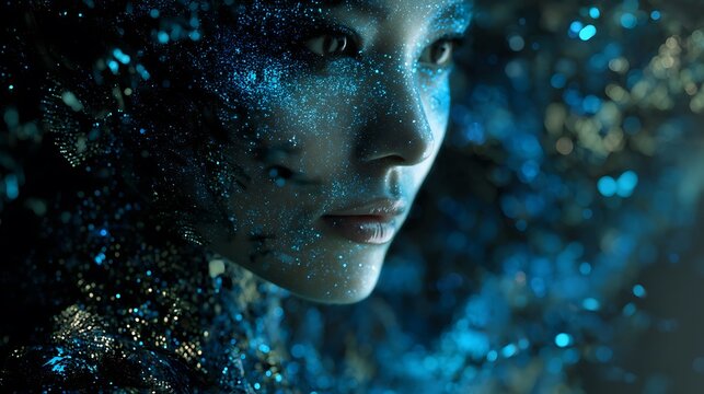 ultra-realistic portrait of a high-fashion model wearing a cosmic gown made of galaxy reflections and starlight particles, shimmering nebula fabric, celestial runway, cinematic lighting, hyper-realist