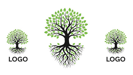 Obraz premium Tree Logo Design with Roots and Leaves in Simple Flat Style with Green and Black Color Scheme for Branding