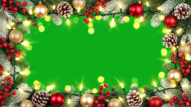 Christmas garland frame with pinecone and glowing light on green screen background