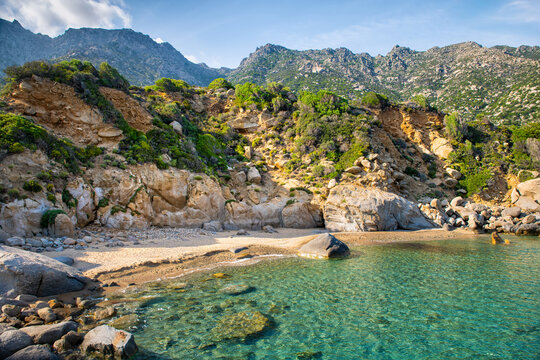 Firodi beach, Magganitis mountain landscape nature with blue turquoise water at Ikaria island, Greece Greek longevity blue zone mountains