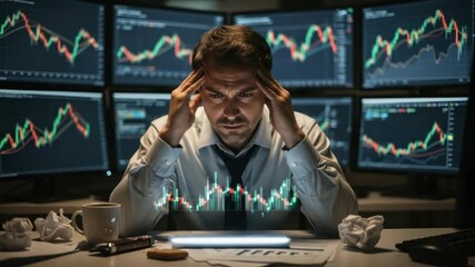 Stressed stockbroker analyzing market data amidst volatility and financial pressure - Powered by Adobe
