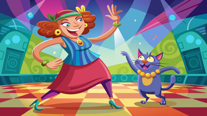 Funny kitty woman dancing adorable little cat happy movement colorful background weird cartoon style image super realistic stock image. © Douglas