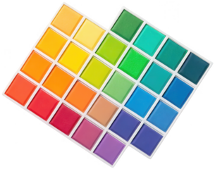 Vibrant and meticulously arranged watercolor paint set, comprised of twenty-four square pans filled with richly pigmented solid color cakes, presented in a white, isolated on transparent background.