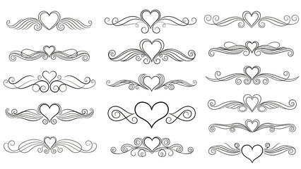 Ornate Heart Elements in Elegant Swirling Patterns with Monochromatic Line Art for Invitation Design
