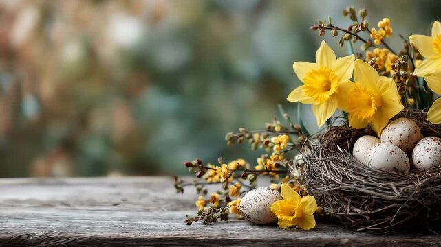 Bird nest with speckled eggs and daffodils on wooden table. Easter spring concept.