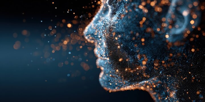 Concept d'Intelligence Artificielle en entreprise : Profil de visage humain num&eacute;rique g&eacute;n&eacute;r&eacute; par des particules bleues - Banni&egrave;re panoramique avec espace de copie