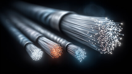 Fiber optic cables transmitting illuminated data signals representing high speed digital communication and global network infrastructure.
