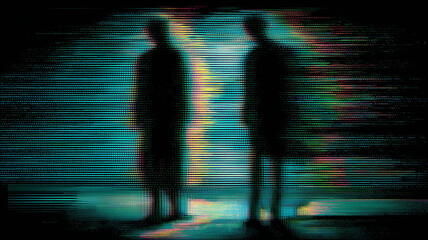 Abstract digital glitch silhouette with distorted data effect, representing cyber disruption digital identity loss and system instability.
