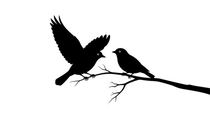 Obraz premium Two birds on a branch in silhouette with dramatic pose in black and white for wildlife illustration