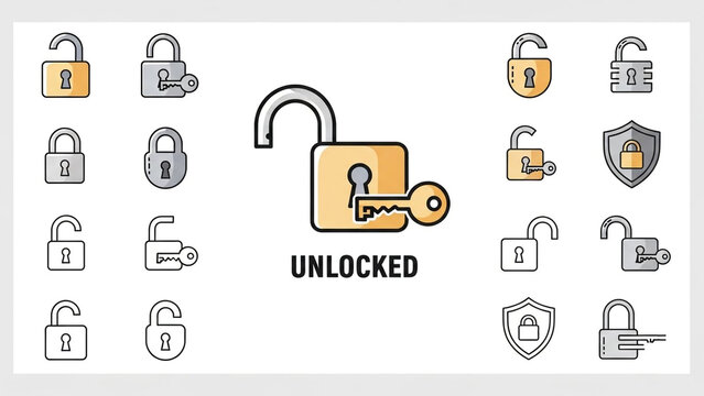 Unlocked padlock with various lock icons in minimalist flat design with orange and gray color scheme on white background for security