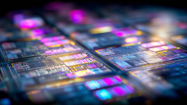 Advanced semiconductor microchips on a silicon wafer representing modern processor manufacturing and computing technology.
